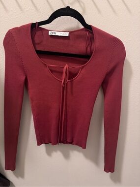 Zara Women's Long-Sleeve Tie-Front Ribbed knit Top — Dusty Rose EUC